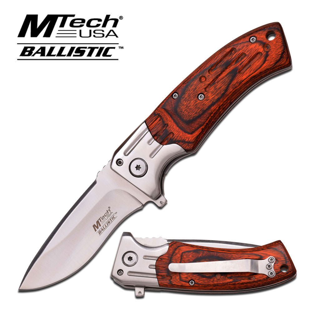 Mtech Red Pakka Wood Handle Spring Assisted Knife EDC Collectible Weapons - Tophatter Daily Deals