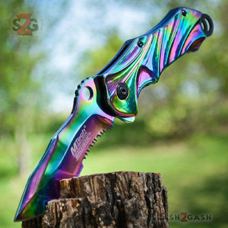 Rainbow Titanium Fade Spring Assisted Pocket Knife Folding Bowie Ser Knife-Assist - Tophatter Daily Deals
