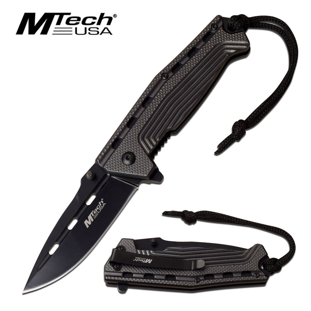 Mtech 3.5" Black Blade Gray Tactical Lanyard Spring-Assist Folding Knife - Tophatter's Inc. Weapons Store Online Collectible Weapons - Tophatter Daily Deals