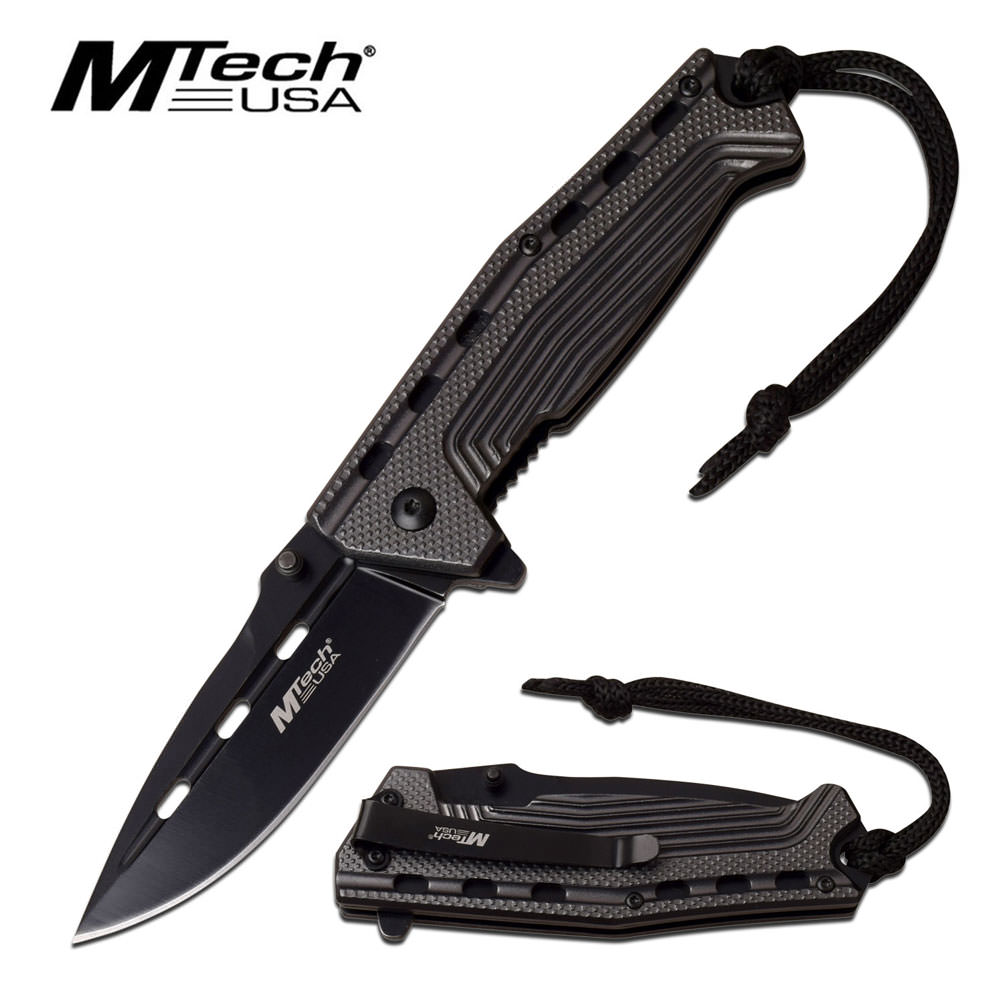 Mtech 3.5" Black Blade Gray Tactical Lanyard Spring-Assist Folding Knife - TOPHATTER'S ARMORY DEALS Collectible Weapons - Tophatter Daily Deals