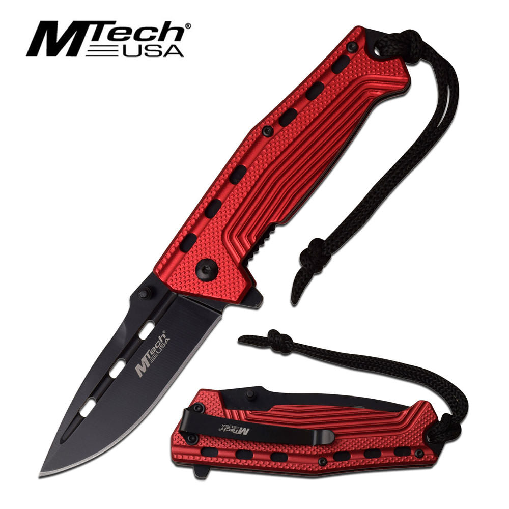 Mtech 3.5" Black Blade Red Tactical Lanyard Spring-Assist Folding Knife - Tophatter's Guns'N'Weapons Store Collectible Weapons - Tophatter Daily Deals