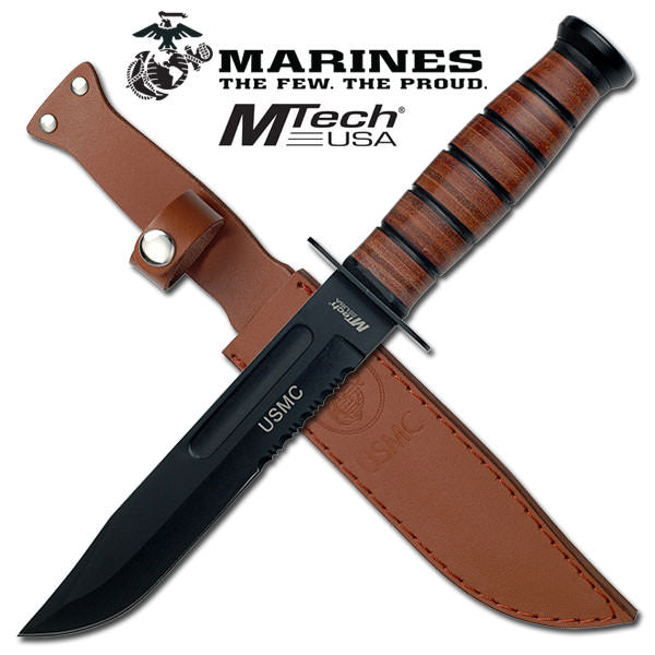 Official US Marine Heavy Duty Combat Knife with Leather Sheath Collectible Weapons - Tophatter Daily Deals