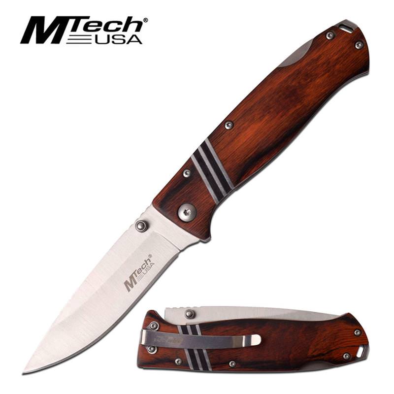 Mtech 3.5" Silver Blade Brown Black Wood EDC Lockback Pocket Knife Collectible Weapons - Tophatter Daily Deals