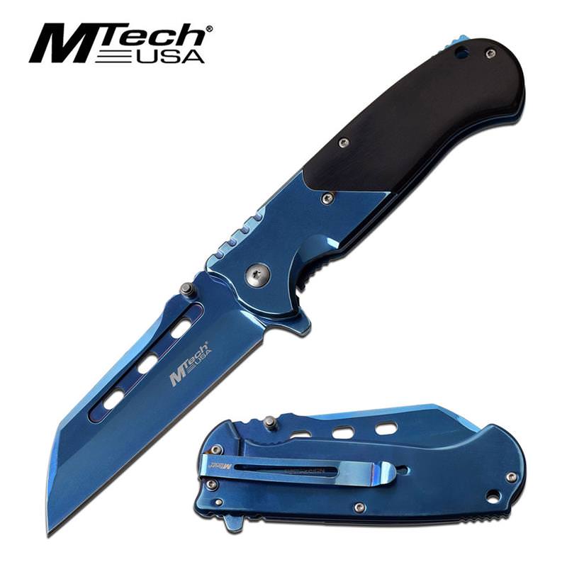 Blue Titanium Sheepsfoot Cleaver Blade Spring Assisted Knife - Tophatter's Inc. Weapons Store Online Collectible Weapons - Tophatter Daily Deals