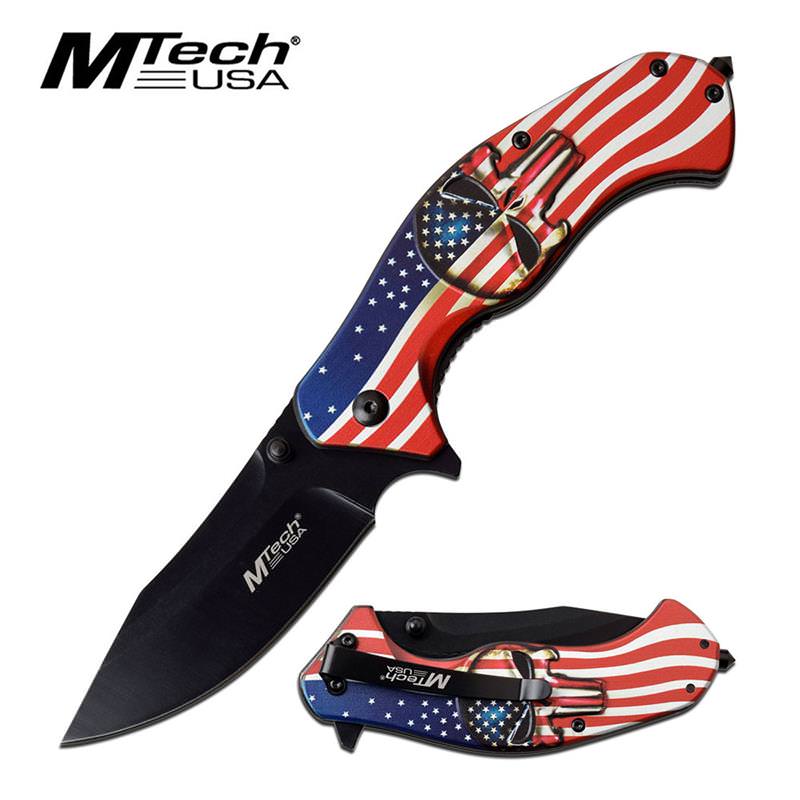 American Flag Skull Spring Assisted Knife Tactical EDC - Tophatter's Guns'N'Weapons Store Collectible Weapons - Tophatter Daily Deals