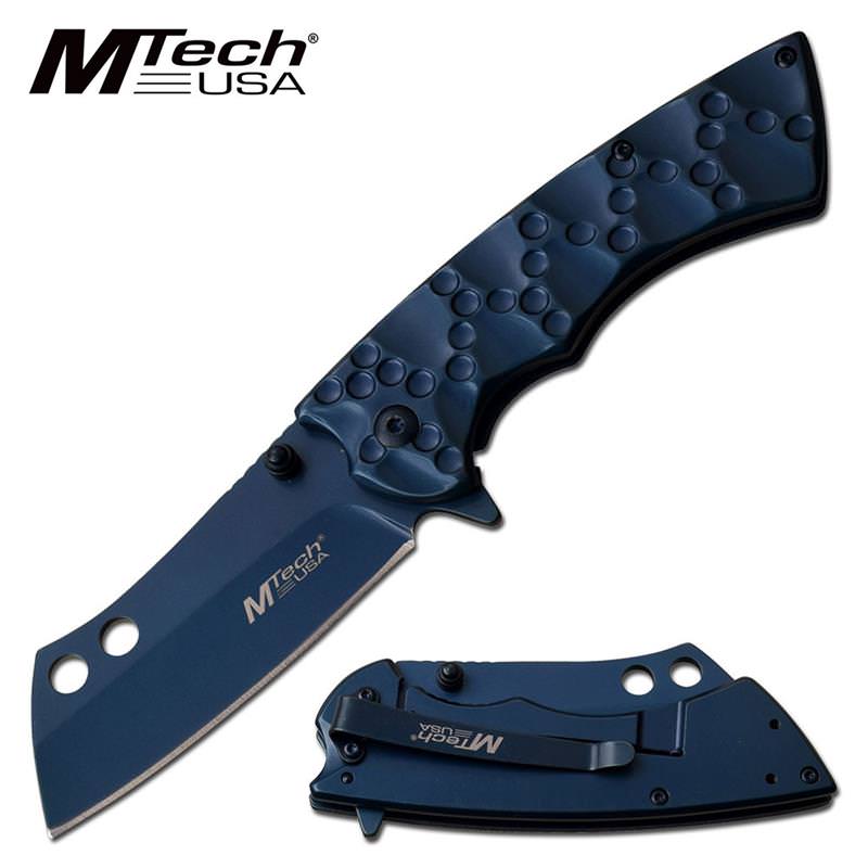 Blue Stainless Steel Cleaver Blade Spring Assisted Folding Pocket Knife - Tophatter's Guns'N'Weapons Store Collectible Weapons - Tophatter Daily Deals
