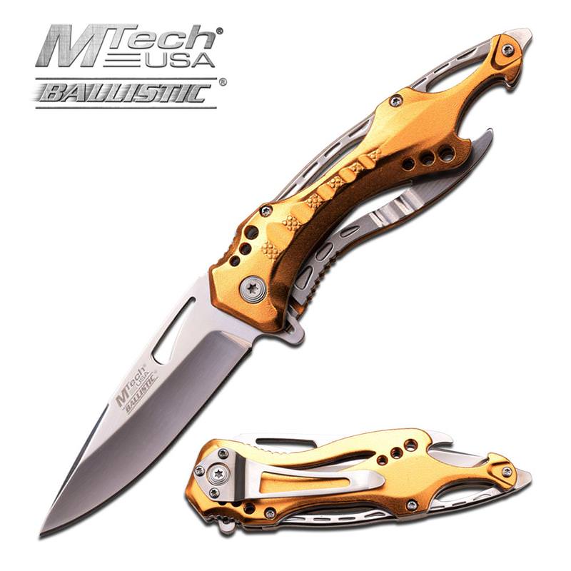 MTech USA Tactical Spring Assisted Knife 4.5 Inches With Gold Handle - Tophatter's Guns'N'Weapons Store Collectible Weapons - Tophatter Daily Deals