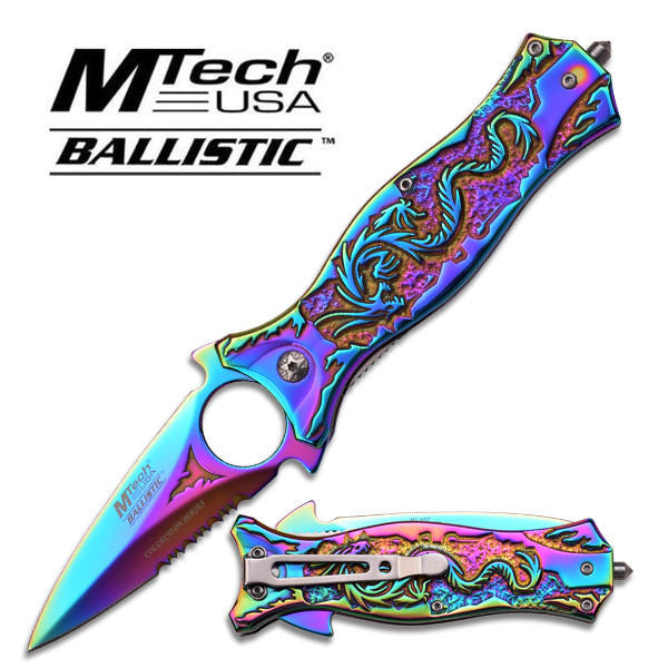 Mtech Rainbow Dragon Serrated Spring Assisted Dagger Folding Knife Collectible Weapons - Tophatter Daily Deals