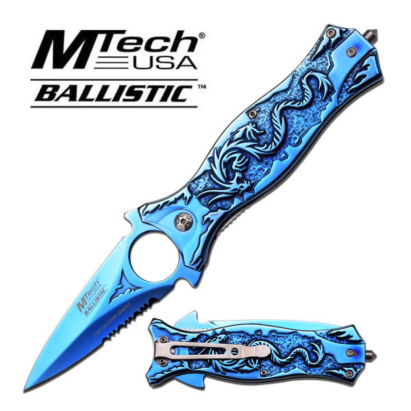 Mtech Ballistic 4.5 Inch Spring Assisted Folding Knife - Blue Titanium Dragon Handle - Tophatter's Guns'N'Weapons Store Collectible Weapons - Tophatter Daily Deals