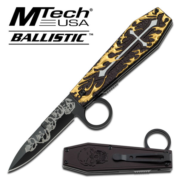Fantasy Gothic Skull Flame Cross Spring Assisted Opening Knife - Gold - Tophatter's Army Products & Self Defense Collectible Weapons - Tophatter Daily Deals
