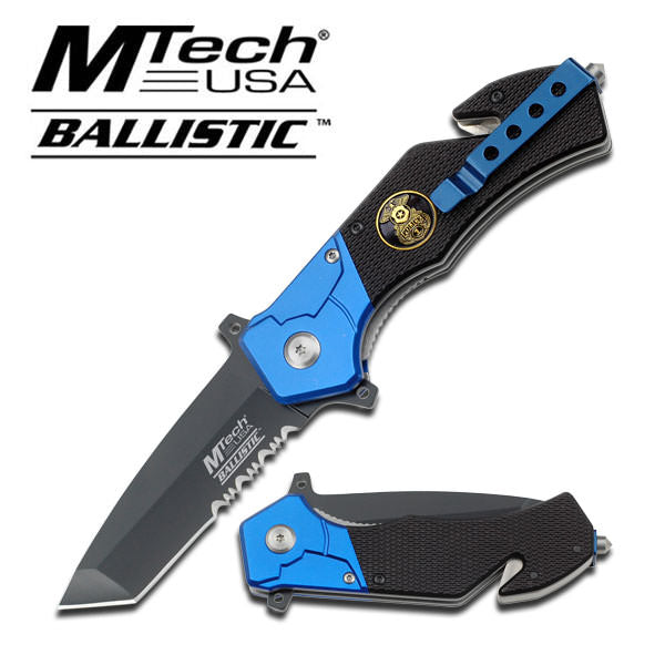 3" Tanto Blade Serrated Blue Black Police Rescue Folder Spring Assist Knife Collectible Weapons - Tophatter Daily Deals
