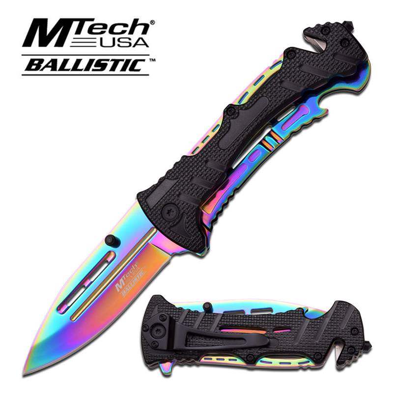 Mtech USA Ballistic Tactical Action Spring Assisted Knife - Rainbow Finish Blade Collectible Weapons - Tophatter Daily Deals