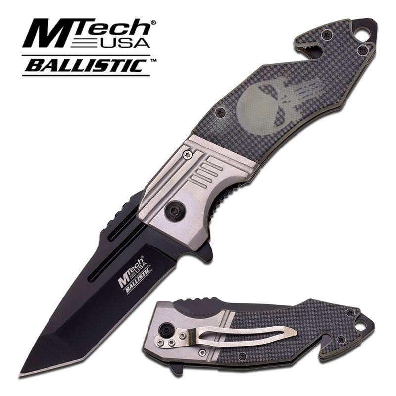 Mtech Ballistic Skull Design Spring Assist Knife - Checked G10 Handle - TOPHATTER'S ARMORY DEALS Collectible Weapons - Tophatter Daily Deals
