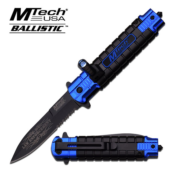 Blue LED SOS Rescue Spring Assist Assisted Knife Law Enforcement - Tophatter's Inc. Weapons Store Online Collectible Weapons - Tophatter Daily Deals