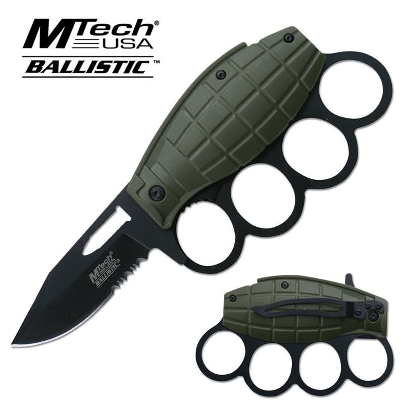Black Serrated Blade Green Grenade Knuckle Handle Sping Assist Knife Collectible Weapons - Tophatter Daily Deals
