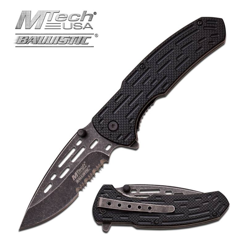 Mtech Serrated Blade Spring Assist Knife Stonewash Finish Metal Handle - TOPHATTER'S ARMORY DEALS Collectible Weapons - Tophatter Daily Deals