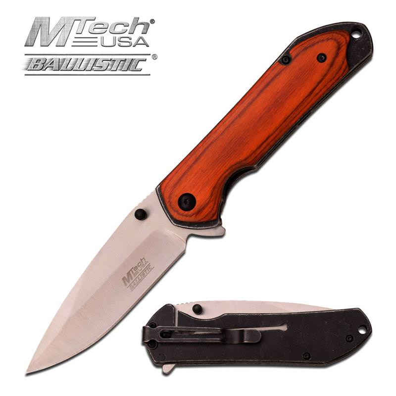 Mtech Orange Wood Silver Plain Blade Hunter Spring Assist Knife Collectible Weapons - Tophatter Daily Deals
