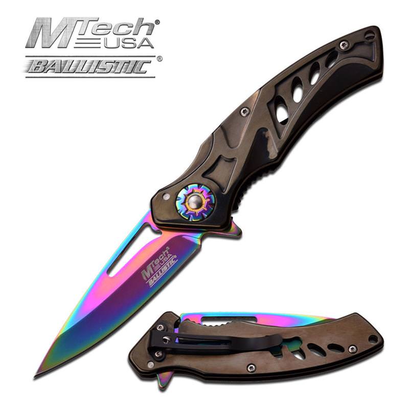 MTech USA Ballistic Tactical Spring Assisted Knife Rainbow Titanium - TOPHATTER'S ARMORY DEALS Collectible Weapons - Tophatter Daily Deals