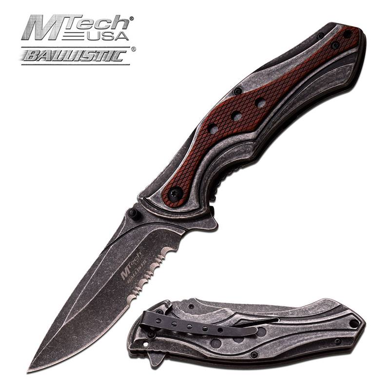 5 Inch Closed Mtech Ballistic Wood Handle Spring Assisted Opening Knife Collectible Weapons - Tophatter Daily Deals