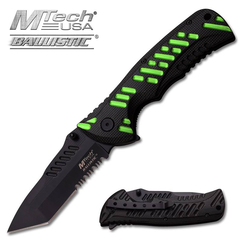 M-Tech Dash Green Spring Assisted Knife - Tanto Black Serrated Blade - TOPHATTER'S ARMORY DEALS Collectible Weapons - Tophatter Daily Deals