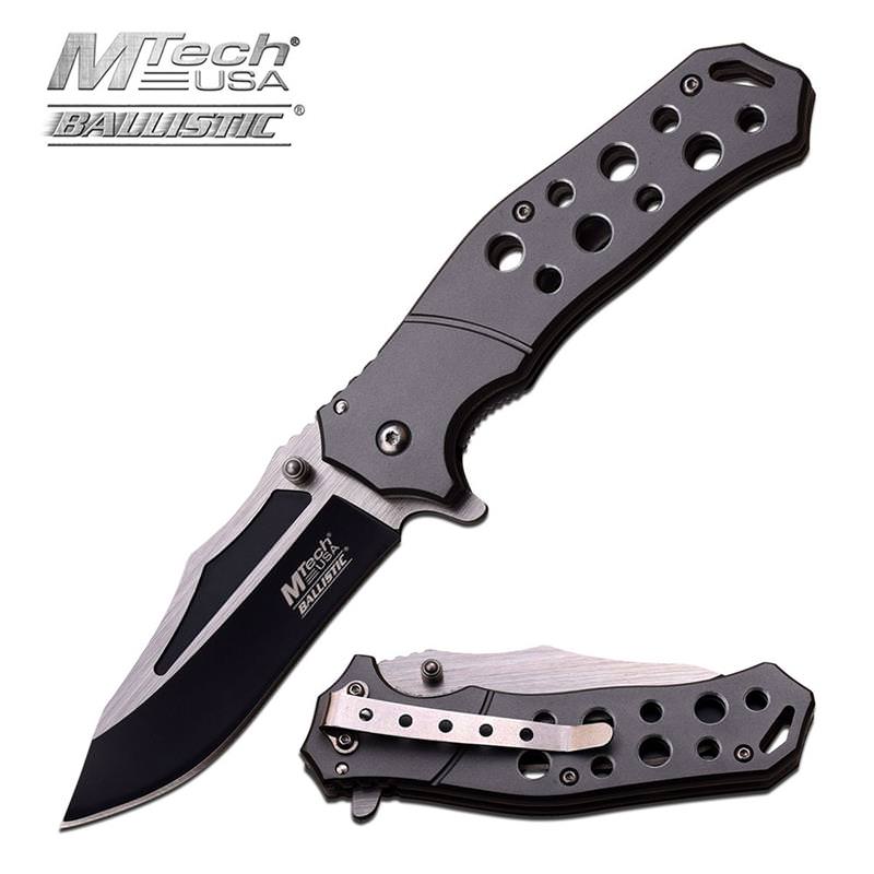 Grey Handle MTech Tactical Spring Assist Open Knife Two-Tone Blade - Tophatter's Guns'N'Weapons Store Collectible Weapons - Tophatter Daily Deals
