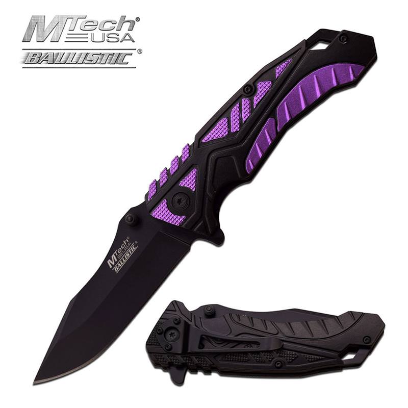 4.7 Inch Mtech Black Purple Spring Action Spring Assisted Knife - Tophatter's Guns'N'Weapons Store Collectible Weapons - Tophatter Daily Deals