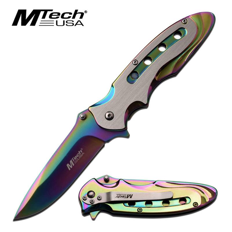 3.75" Blade Rainbow Silver Brushed Metal Spring Assisted Knife - Tophatter's Guns'N'Weapons Store Collectible Weapons - Tophatter Daily Deals