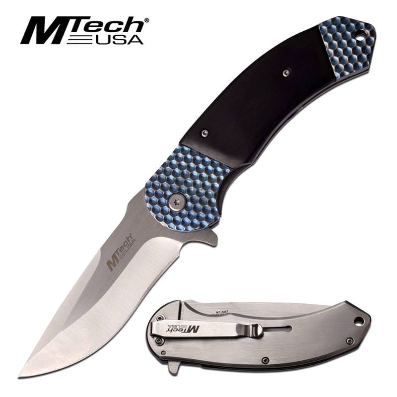 M-Tech Bruiser Blue Pakkawood Spring Assisted Knife - Satin Plain Blade - Tophatter's Army Products & Self Defense Collectible Weapons - Tophatter Daily Deals