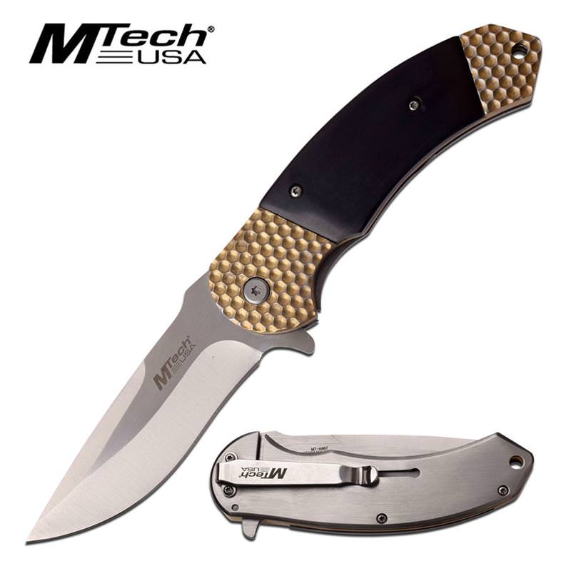 M-Tech Bruiser Gold Pakkawood Spring Assisted Knife - Satin Plain Blade - Tophatter's Army Products & Self Defense Collectible Weapons - Tophatter Daily Deals