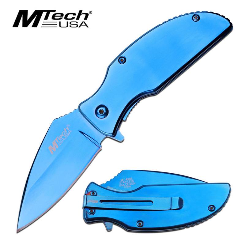 Small 2.75" Mirror Blade Blue Chrome EDC Spring Assisted Knife Collectible Weapons - Tophatter Daily Deals