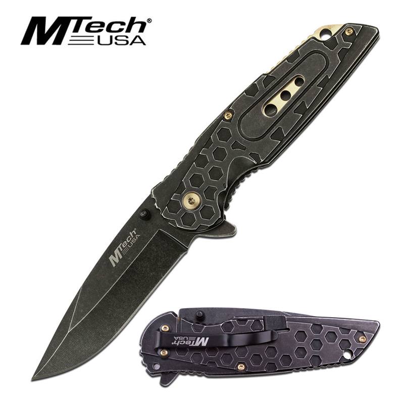 Mtech Heavy Duty Stone Gray Gold Tactical Spring Assist Knife EDC - Tophatter's Guns'N'Weapons Store Collectible Weapons - Tophatter Daily Deals
