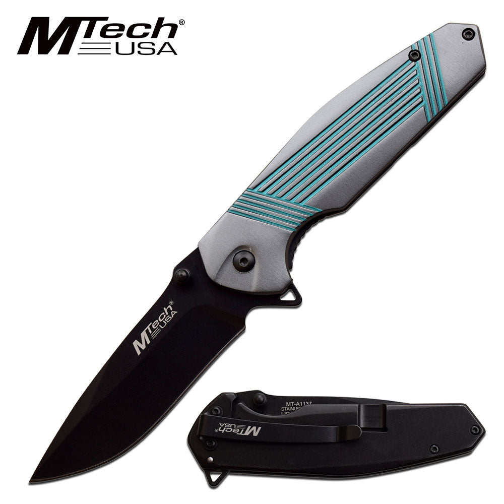MTech USA Blue and Silver Spring Assisted Cool Pocket Knife Tophatter's Spring Assisted Knives MTech USA Blue and Silver Spring Assisted Cool Pocket Knife (MT-A1137GTQ) - Tophatter Daily Deals