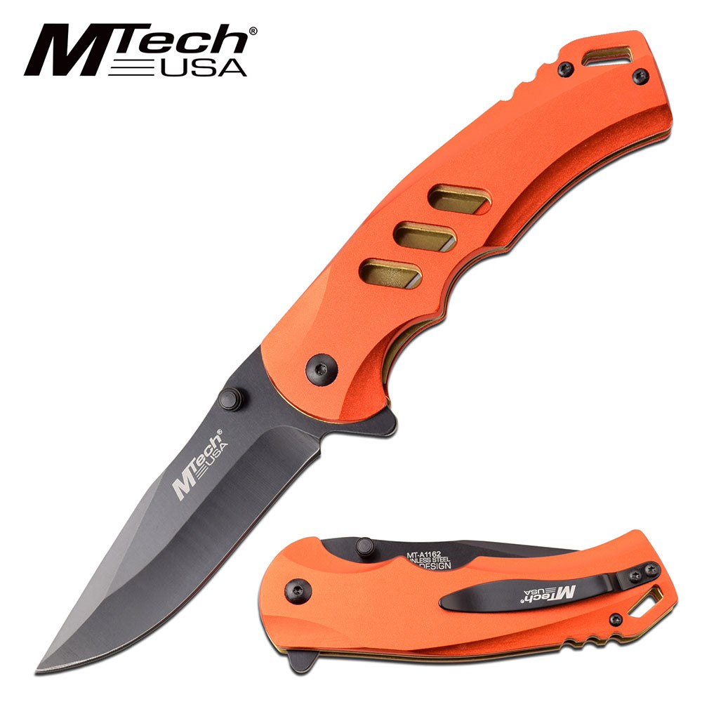 MTech USA Orange & Gold Tinite Coated Liner Assisted Pocket Knife Tophatter's Spring Assisted Knives MTech USA Orange & Gold Tinite Coated Liner Spring Assisted Cool Pocket Knife (MT-A1162RD) - Tophatter Daily Deals