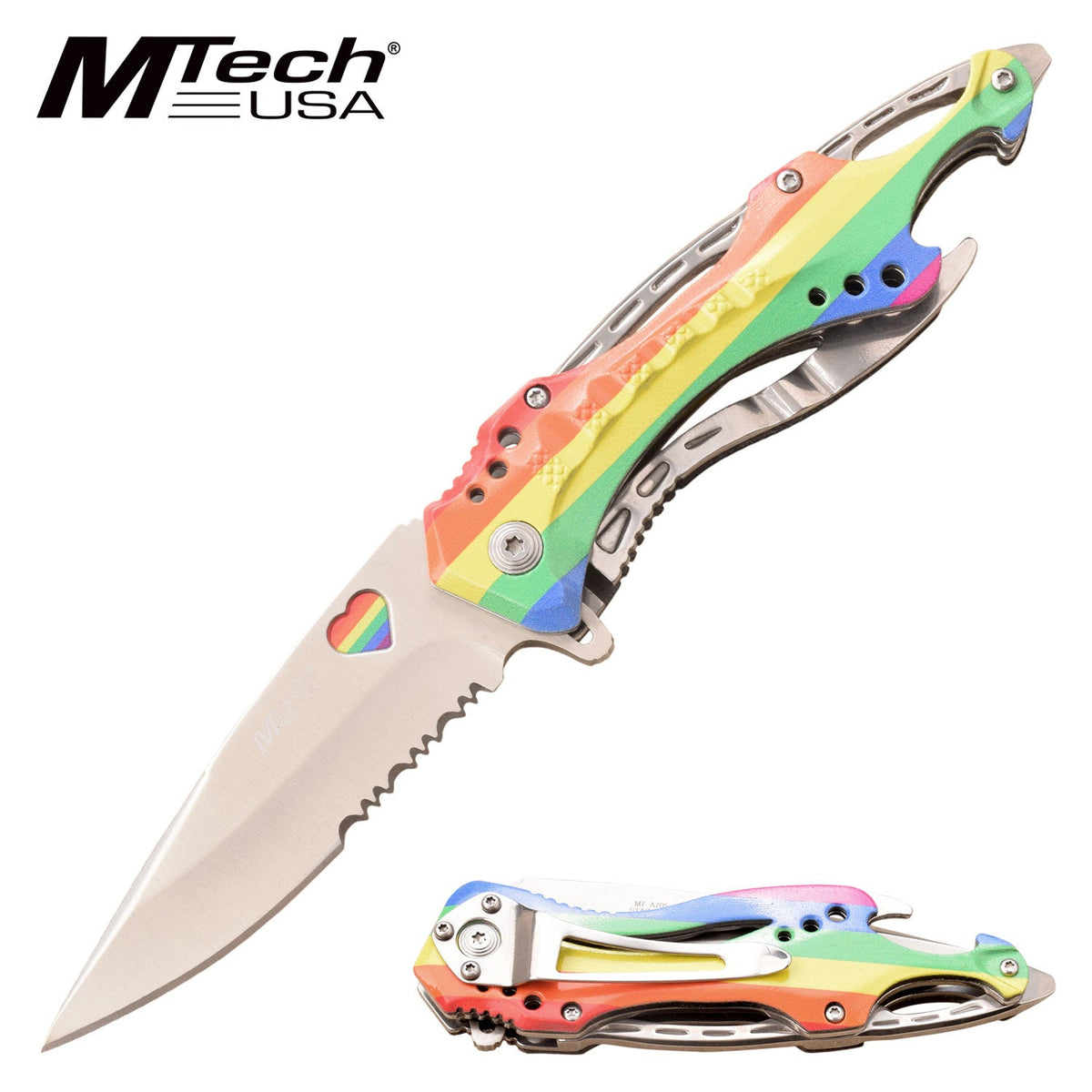 MTech USA Rainbow Heart Design Assisted Cool Pocket Knife (MT-A705RB) Tophatter's Spring Assisted Knives MTech USA Rainbow Heart Design Spring Assisted Cool Pocket Knife (MT-A705RB) - Tophatter Daily Deals