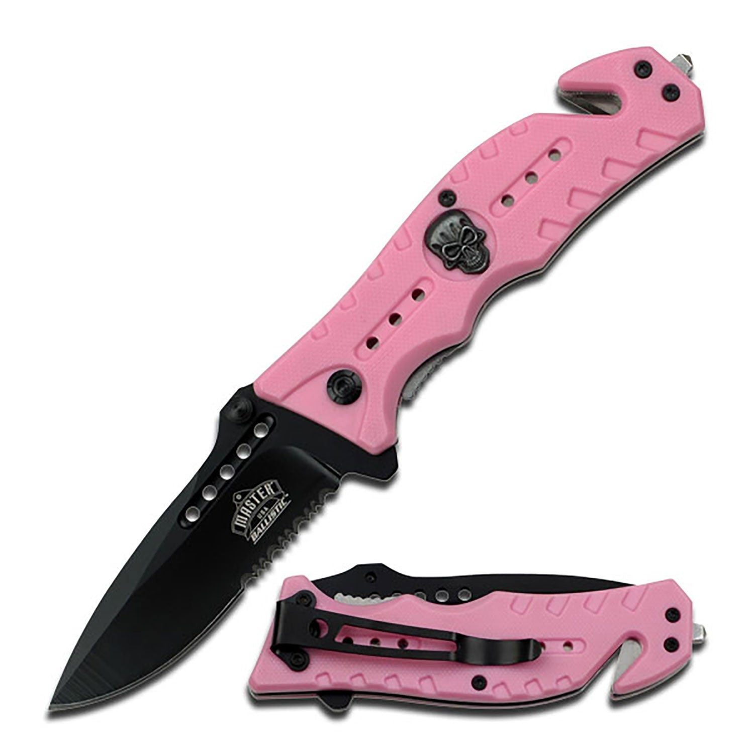 Skull Medallion Serrated Spring Assisted Tactical Folding Knife Pink - TOPHATTER'S ARMORY DEALS Collectible Weapons - Tophatter Daily Deals