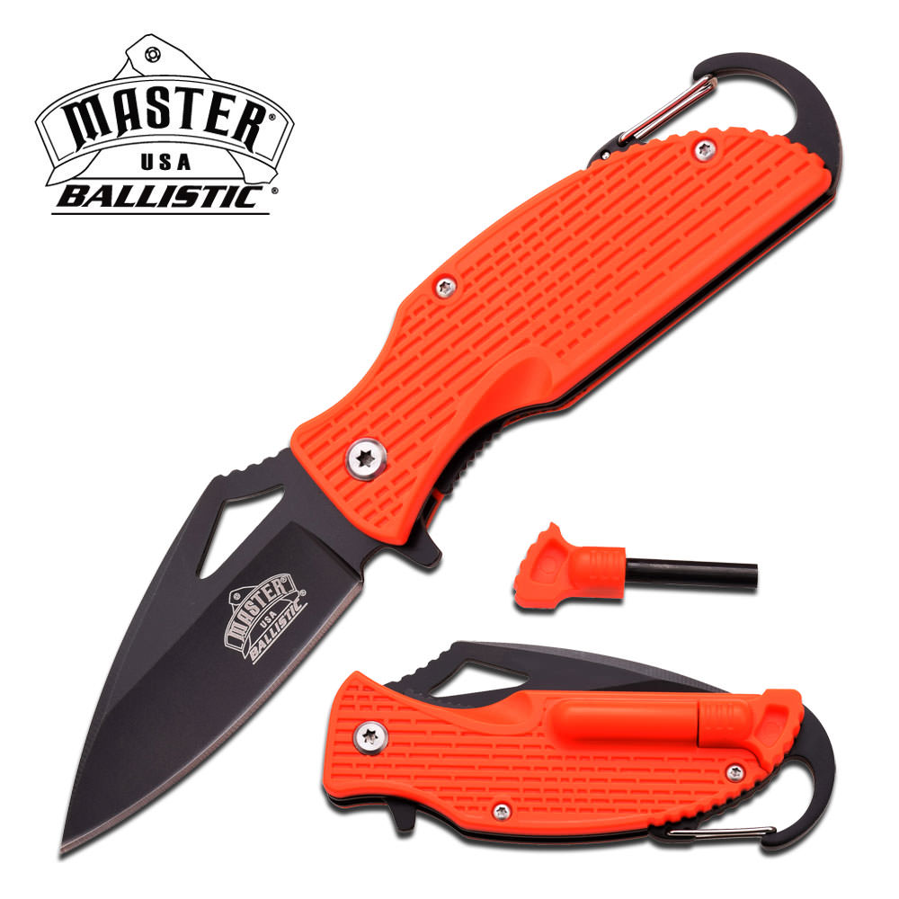 Ballistic Orange Handle Rescue Spring Assist Knife with Carabiner & Fire Starter - Tophatter's Guns'N'Weapons Store Collectible Weapons - Tophatter Daily Deals