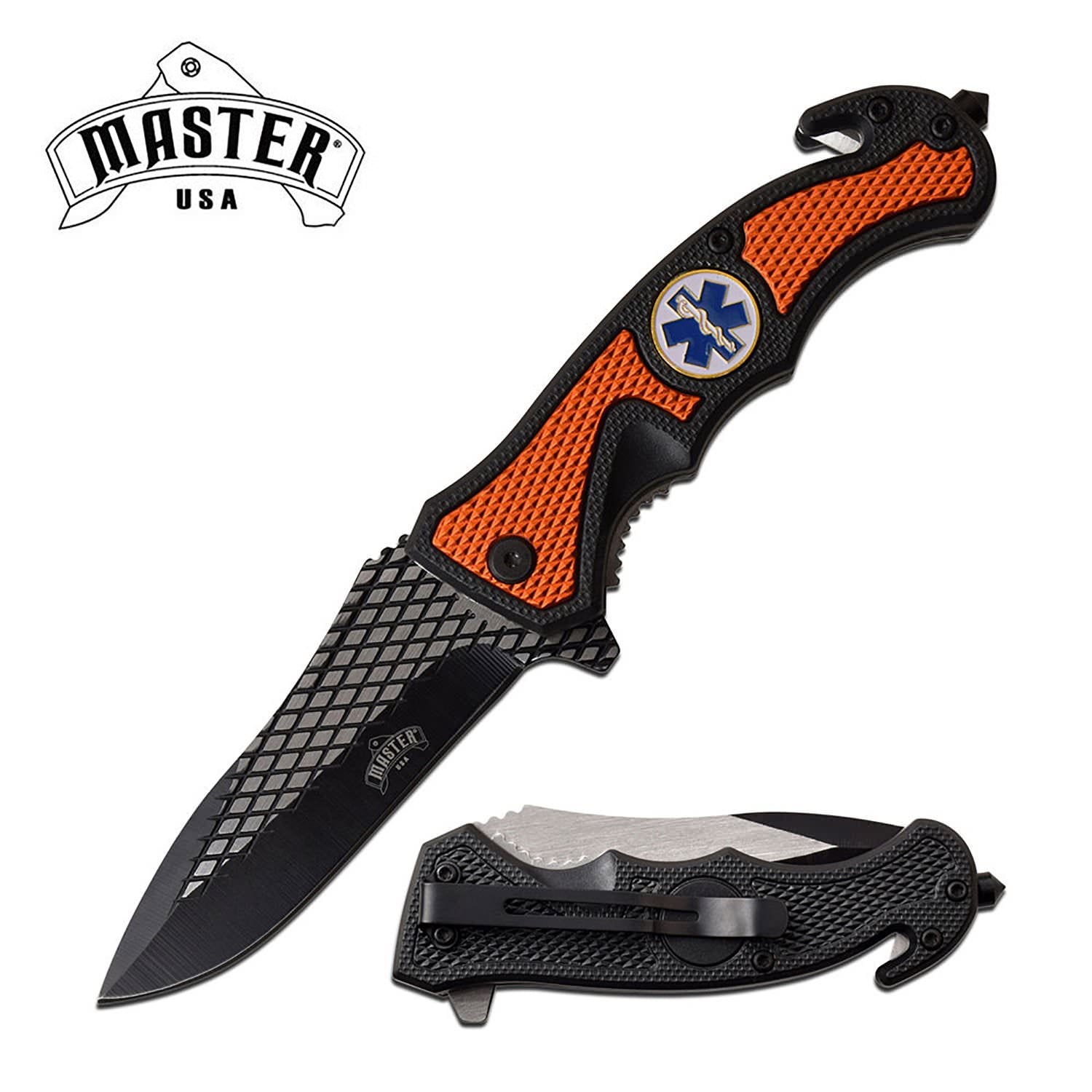 Spring Assist Folding Knife Black Orange EMT Paramedic 3.5" Blade Rescue - TOPHATTER'S ARMORY DEALS Collectible Weapons - Tophatter Daily Deals