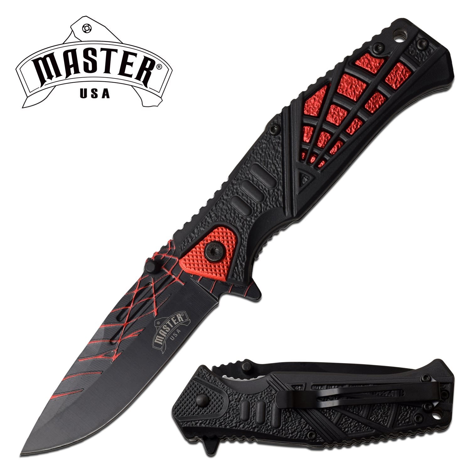 Spring Assist Knife Black Red Spider Web Design Pocket Knife - Tophatter's Guns'N'Weapons Store Collectible Weapons - Tophatter Daily Deals