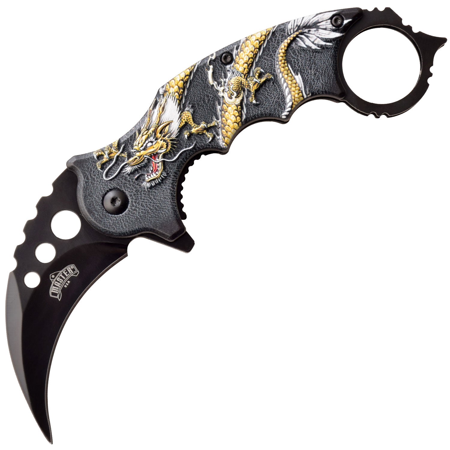 Yellow Dragon Karambit Tactical Spring Assist Knife With Finger Ring - TOPHATTER'S ARMORY DEALS Collectible Weapons - Tophatter Daily Deals