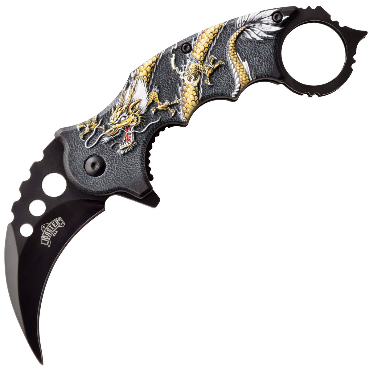 Yellow Dragon Karambit Tactical Spring Assist Knife With Finger Ring - TOPHATTER'S ARMORY DEALS Collectible Weapons - Tophatter Daily Deals