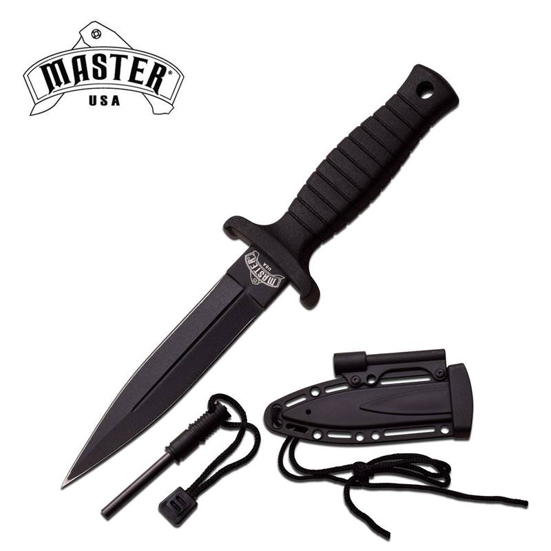 Master USA Dagger Style Fixed Blade Knife Black Handle Fire Starter Collectible Weapons - Tophatter Daily Deals