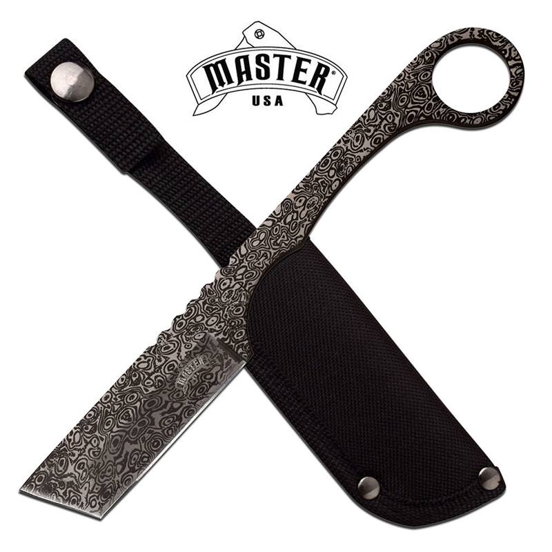 Straight Razor Fixed Blade Damascus Etch Full Tang Tanto with sheath - Tophatter's Guns'N'Weapons Store Collectible Weapons - Tophatter Daily Deals