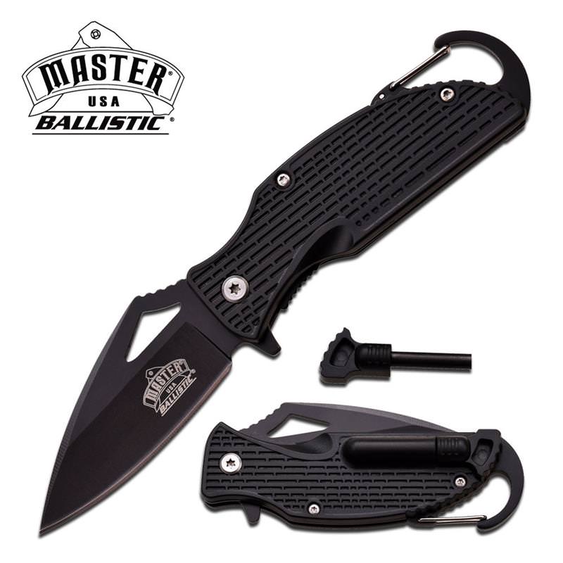 Ballistic Black Handle Rescue Spring Assist Knife with Carabiner & Fire Starter - Tophatter's Guns'N'Weapons Store Collectible Weapons - Tophatter Daily Deals