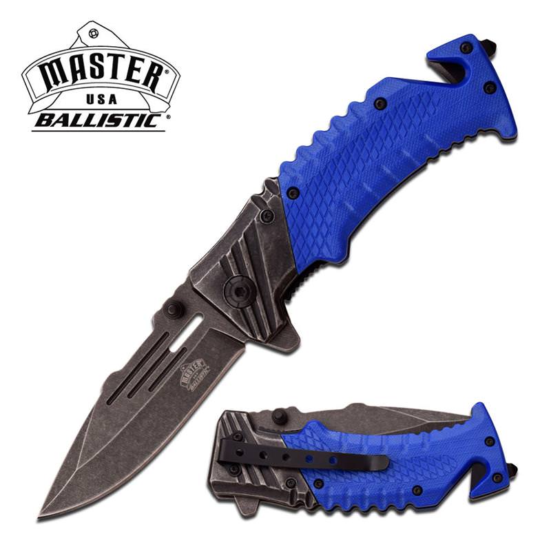 Ballistic Blue Tactical Rescue Spring Assist Pocket Knife Stone-Wash Blade Collectible Weapons - Tophatter Daily Deals