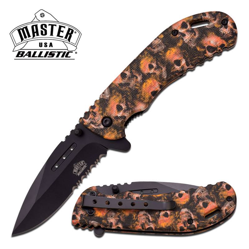 Master USA Ballistic Fantasy Spring Assisted Knife Orange Skulls Handle - TOPHATTER'S ARMORY DEALS Collectible Weapons - Tophatter Daily Deals