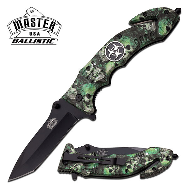 Ballistic 5 Inch Closed Rescue Spring Assisted Knife Green Skull - Tophatter's Guns'N'Weapons Store - FREE SHIPPING Collectible Weapons - Tophatter Daily Deals
