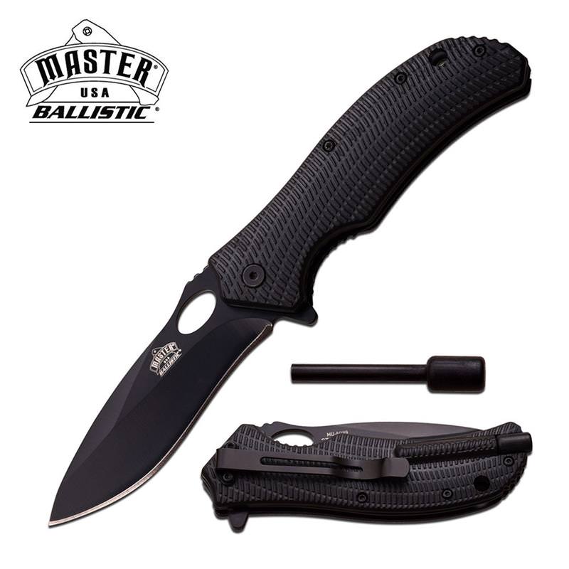 Ballistic Tactical Black Rescue Spring Assist Knife With Fire Starter Collectible Weapons - Tophatter Daily Deals