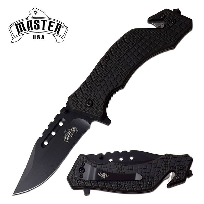 Tactical Rescue Style All Black Handle Spring Assisted Folding Pocket Knife - Tophatter's Guns'N'Weapons Store Collectible Weapons - Tophatter Daily Deals