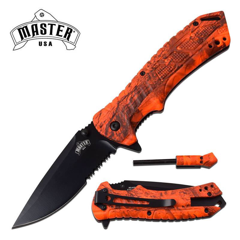 Survival Folding Knife Serrated Blade Orange Camo Fire Starter Spring Assist - Tophatter's Inc. Weapons Store Online Collectible Weapons - Tophatter Daily Deals
