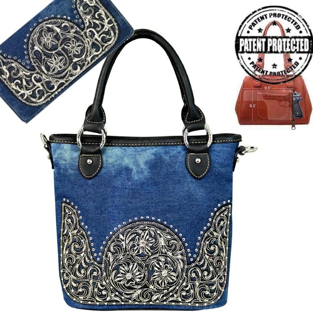 Montana West® Denim Concealed Handgun Purse /Crossbody Messenger Firearm Handbag Wallet Set Handgun Purses - Tophatter Daily Deals